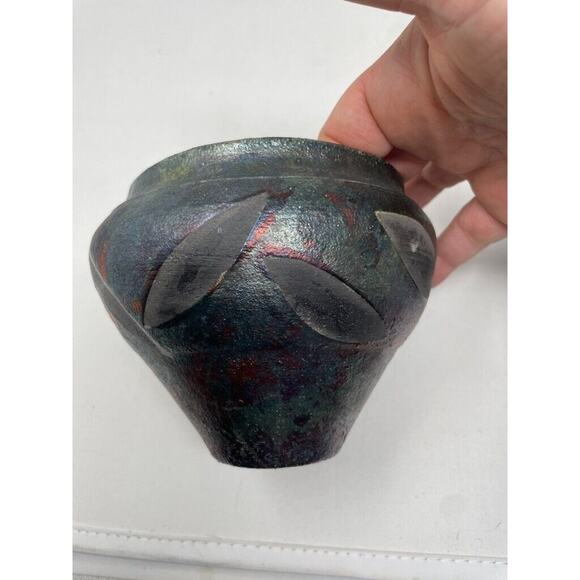 Raku Vase Decorative Bowl Ceramic Hand Made Pottery Signed - Picture 9 of 11